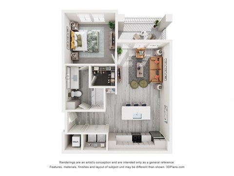 Floor plan for 1 bed, 1 bath, 748 sqft